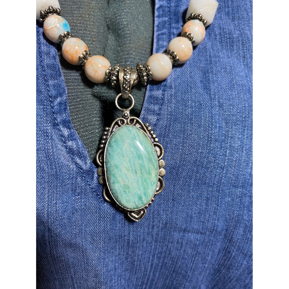 925 Sterling Silver Amazonite Pendant Beaded Statement Necklace Boho Artisan - Picture 2 of 7